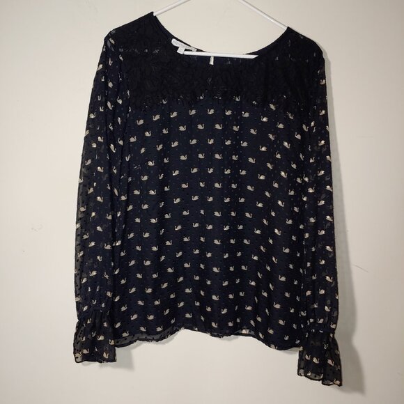 RSVPTalbots Fancy Swans Print Long Sleeves Blouse Size XL Black - Picture 1 of 9